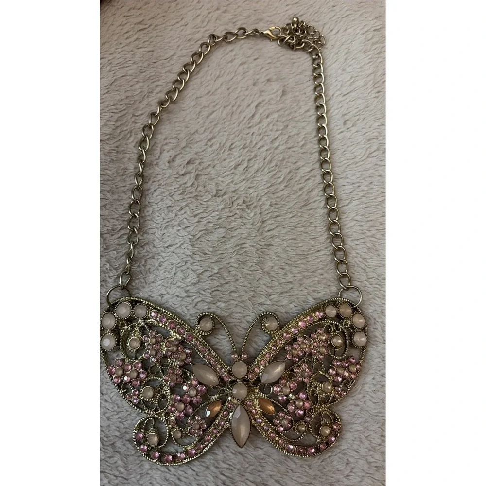 Pink Rhinestone Butterfly Statement Necklace Boho - Picture 1 of 7